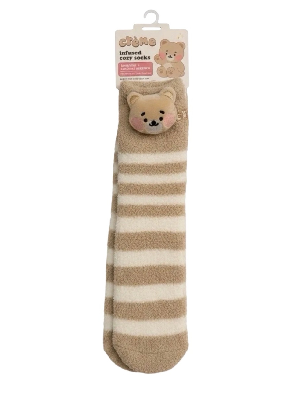 The Crème Shop Infused Cozy Socks - Beige White Stripes with Bear Accent